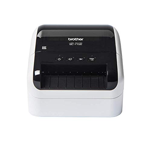 Brother QL-1100 Label Maker, USB 2.0, Shipping & Barcode Label Printer, Desktop, Up to 4 inch Wide Labels, Includes 41 x Large Shipping Labels & 62mm Continuous Tape Roll, UK Plug