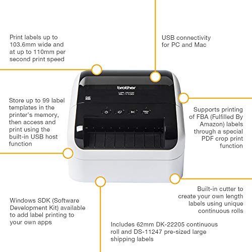 Brother QL-1100 Label Maker, USB 2.0, Shipping & Barcode Label Printer, Desktop, Up to 4 inch Wide Labels, Includes 41 x Large Shipping Labels & 62mm Continuous Tape Roll, UK Plug