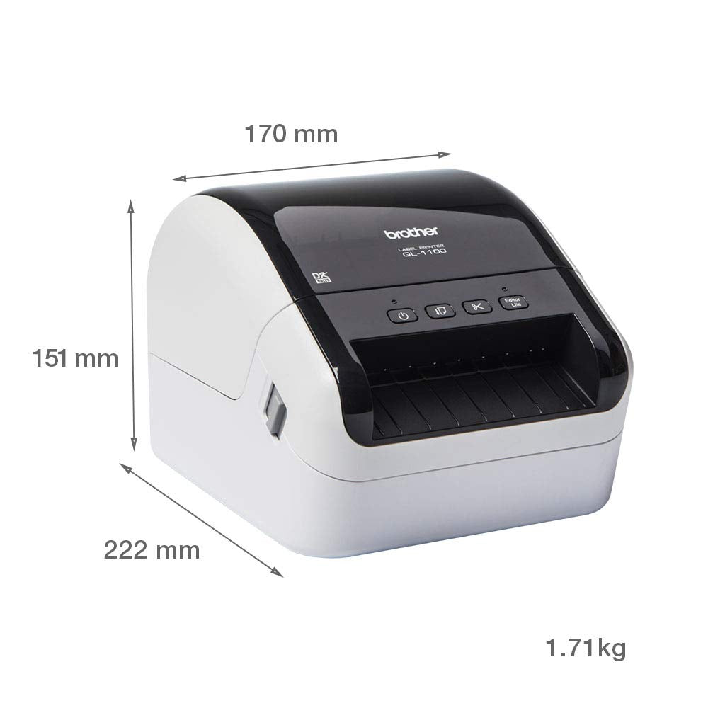 Brother QL-1100 Label Maker, USB 2.0, Shipping & Barcode Label Printer, Desktop, Up to 4 inch Wide Labels, Includes 41 x Large Shipping Labels & 62mm Continuous Tape Roll, UK Plug