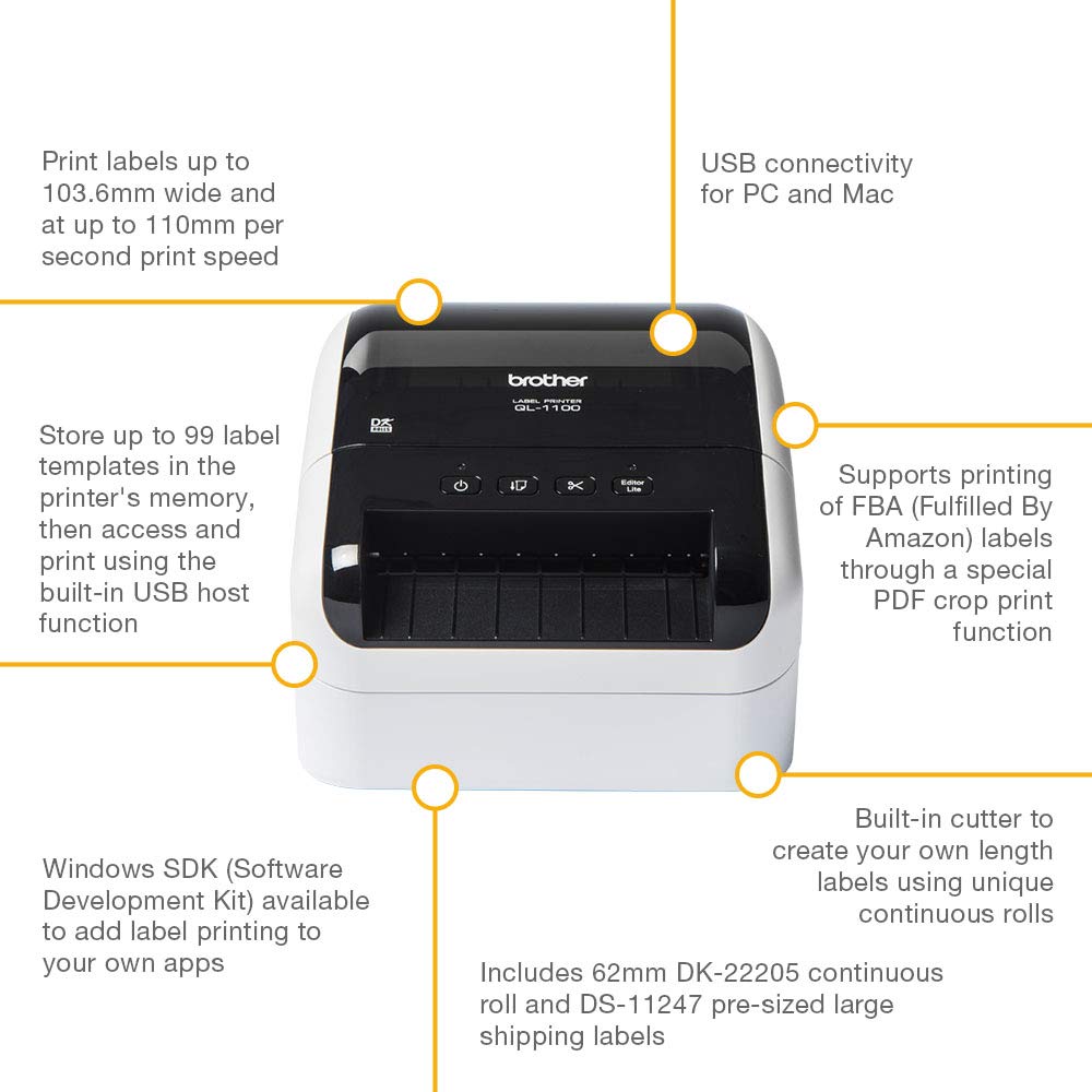 Brother QL-1100 Label Maker, USB 2.0, Shipping & Barcode Label Printer, Desktop, Up to 4 inch Wide Labels, Includes 41 x Large Shipping Labels & 62mm Continuous Tape Roll, UK Plug