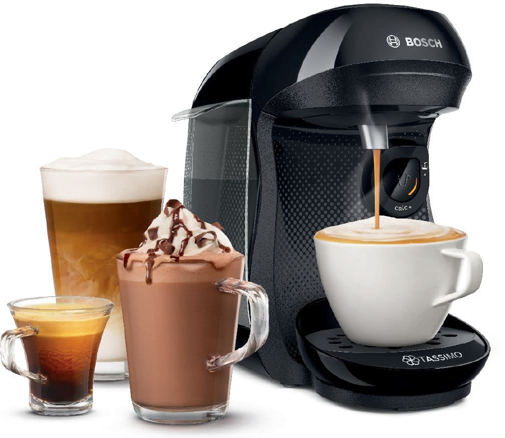 Bosch Tassimo Happy Capsule Machine TAS1002N Coffee Machine Over 70 Drinks, Fully Automatic, Suitable for All Cups, Space-Saving, 1400 W, Black/Anthracite