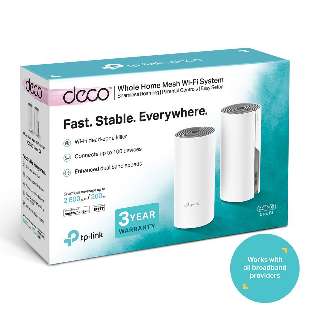 TP-Link Deco E4 Whole Home Mesh Wi-Fi System, Seamless and Speedy (AC1200) for Medium Home, Work with Amazon Echo/Alexa, Router and Wi-Fi Booster Replacement, Parent Control, Pack of 2