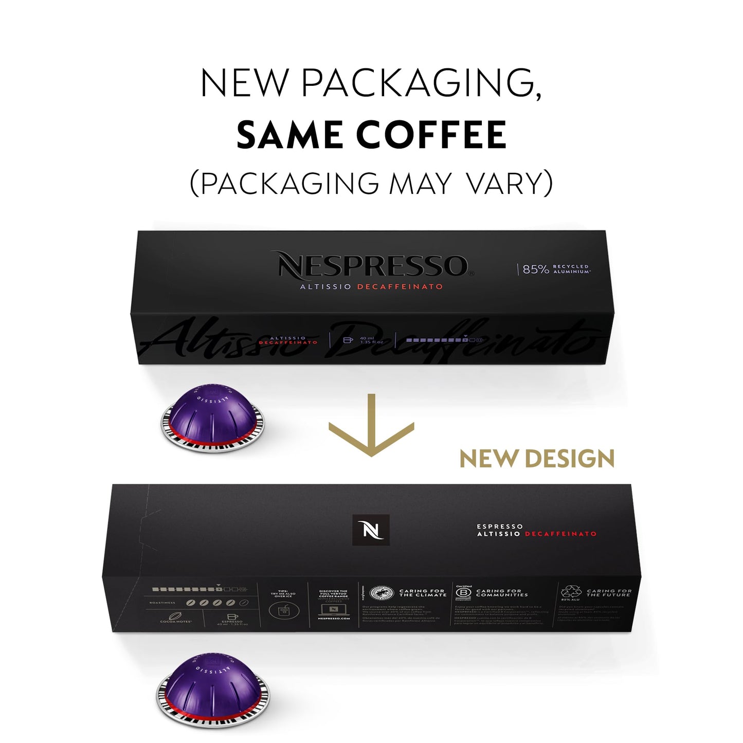 Nespresso Capsules VertuoLine, Altissio Decaffeinato, Dark Roast Espresso, 50 Count Espresso Coffee Pods, Brews 1.35 Ounce (VERTUO ONLY)