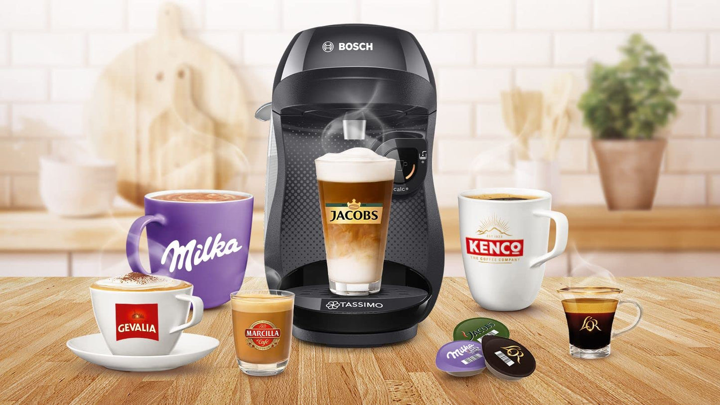 Bosch Tassimo Happy Capsule Machine TAS1002N Coffee Machine Over 70 Drinks, Fully Automatic, Suitable for All Cups, Space-Saving, 1400 W, Black/Anthracite