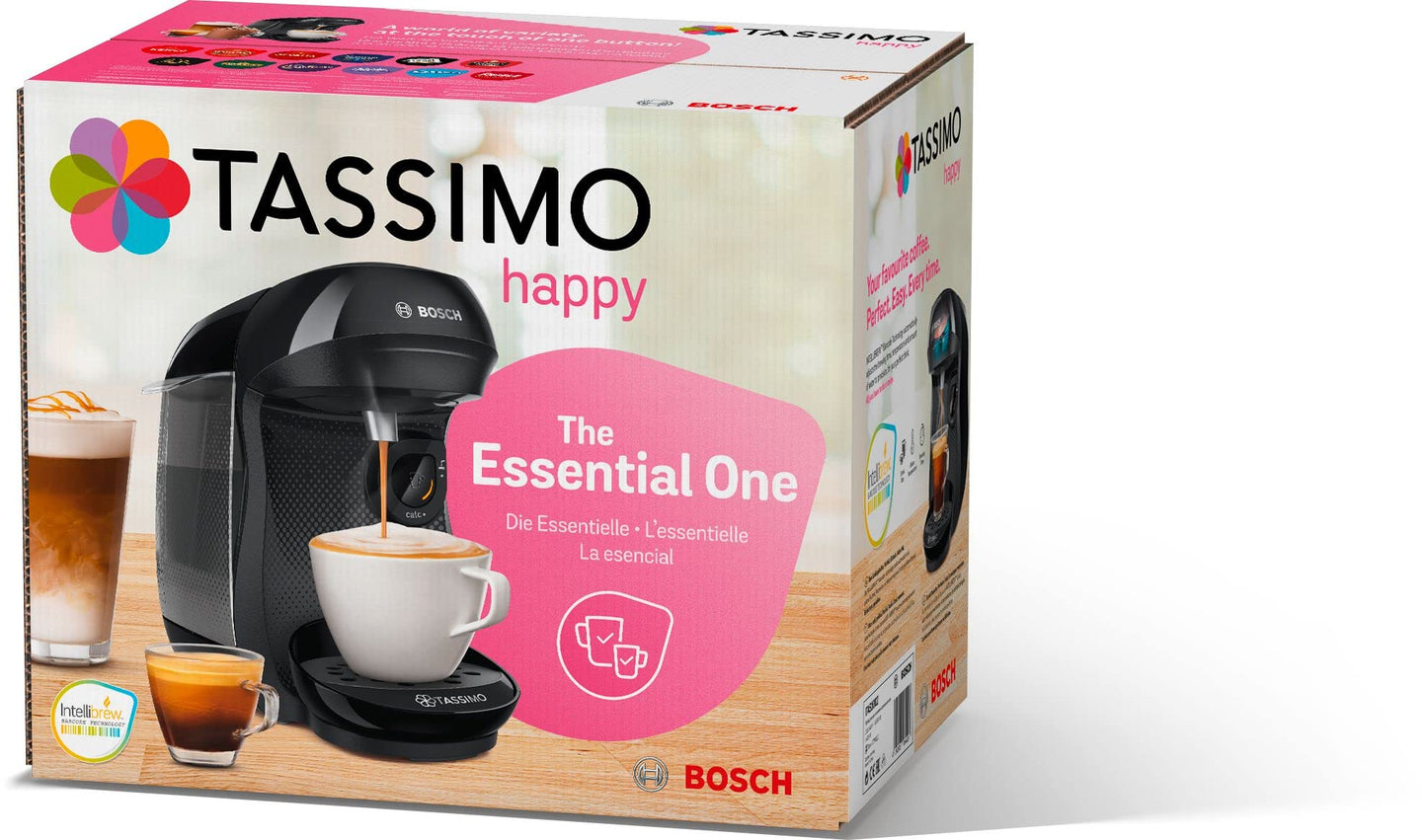 Bosch Tassimo Happy Capsule Machine TAS1002N Coffee Machine Over 70 Drinks, Fully Automatic, Suitable for All Cups, Space-Saving, 1400 W, Black/Anthracite