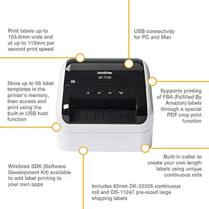 Brother QL-1100 Label Maker, USB 2.0, Shipping & Barcode Label Printer, Desktop, Up to 4 inch Wide Labels, Includes 41 x Large Shipping Labels & 62mm Continuous Tape Roll, UK Plug