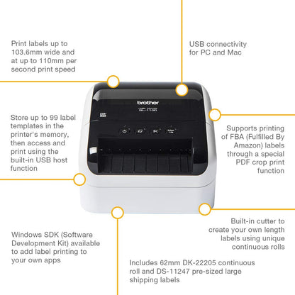 Brother QL-1100 Label Maker, USB 2.0, Shipping & Barcode Label Printer, Desktop, Up to 4 inch Wide Labels, Includes 41 x Large Shipping Labels & 62mm Continuous Tape Roll, UK Plug