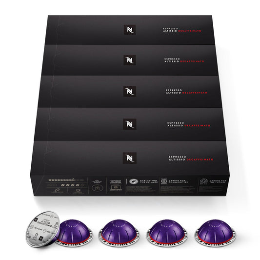 Nespresso Capsules VertuoLine, Altissio Decaffeinato, Dark Roast Espresso, 50 Count Espresso Coffee Pods, Brews 1.35 Ounce (VERTUO ONLY)